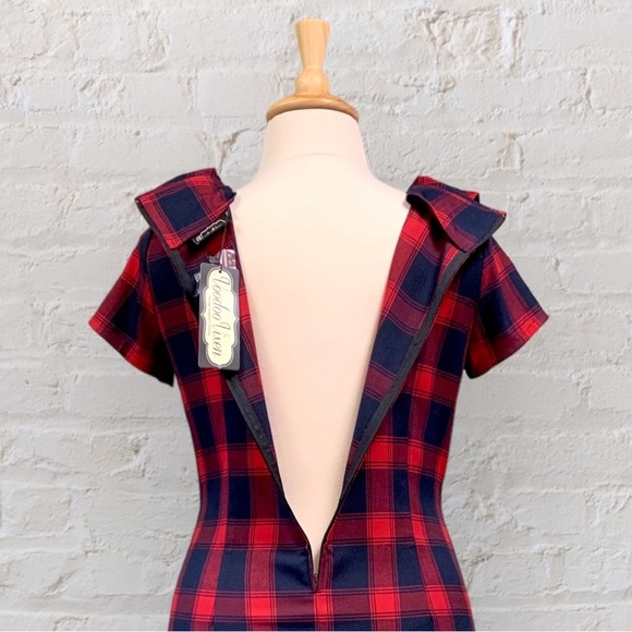 NWT Voodoo Vixen Joan Red Navy Plaid Wiggle Dress Pin Up Rockabilly Kick Pleat - Picture 9 of 14